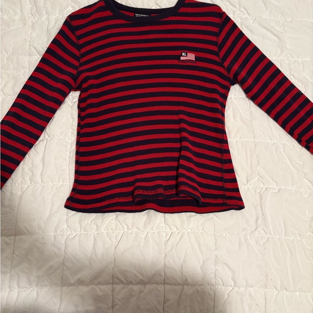 Polo Jeans Red and Black Striped Long Sleeve Tee